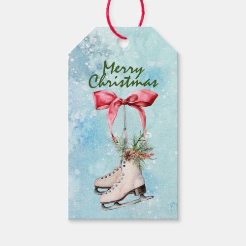 Christmas Ice Skates Blue Vintage Floral Painting Gift Tags