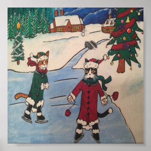 Christmas Ice Skating Cats Poster