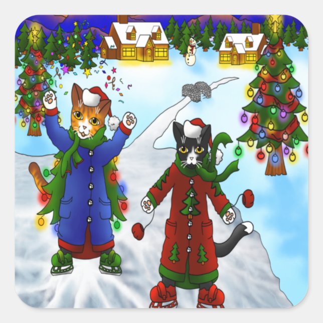 Christmas Ice Skating Cats V2 Square Sticker (Front)
