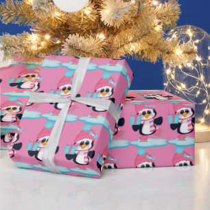 Christmas ice skating penguin wrapping paper