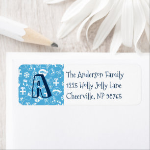Christmas Icons Blue Santa Elf Snowman Monogram Label