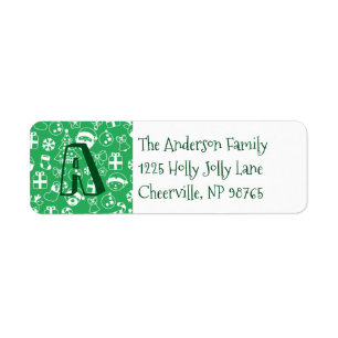 Christmas Icons Green Santa Elf Snowman Monogram Label