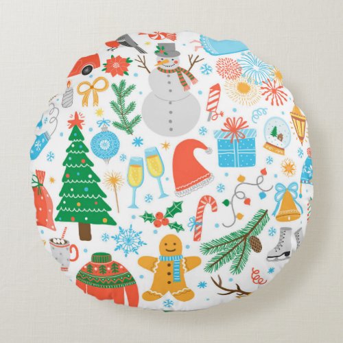 Christmas Icons New Year Vintage Round Pillow
