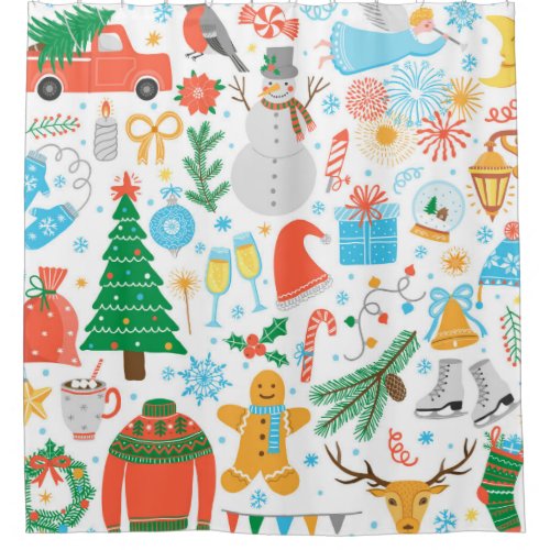 Christmas Icons New Year Vintage Shower Curtain