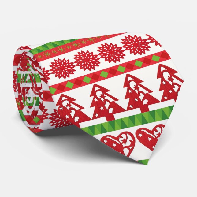 Christmas icons, stars, hearts, pine tree neck tie (Rolled)