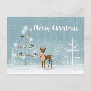 Christmas Illustration- Deer And Birds Holiday Postcard