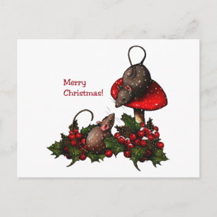Christmas Illustration: Mice, Toadstool, Holly, Holiday Postcard