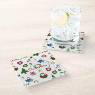 Christmas Illustration Mix Lg Pattern Glass Coaster