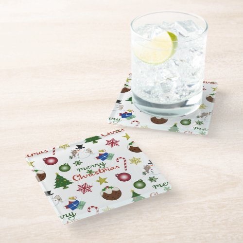 Christmas Illustration Mix Lg Pattern Glass Coaster