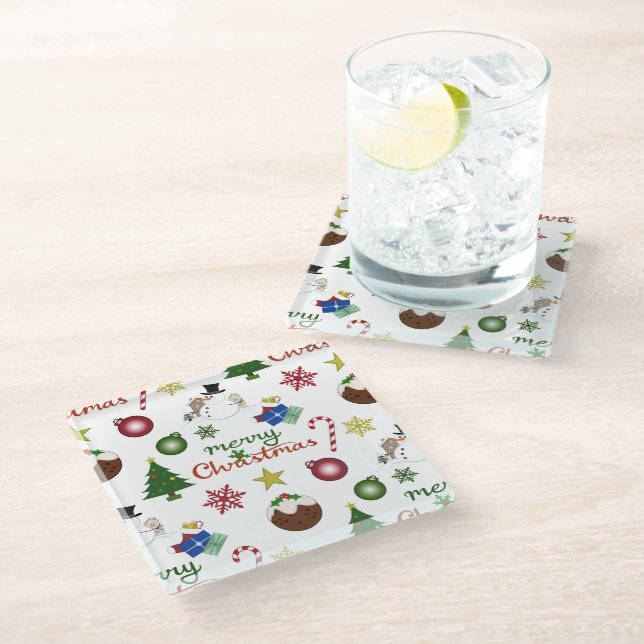 Christmas Illustration Mix Lg Pattern Glass Coaster (Angled)