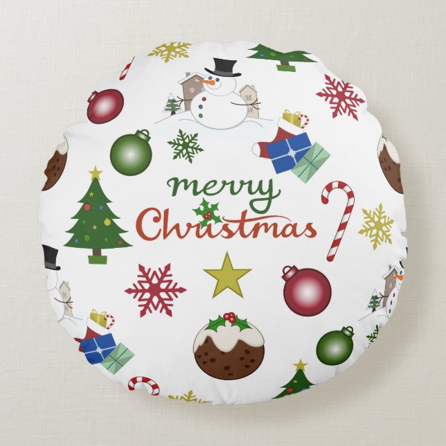 Christmas Illustration Mix Lg Pattern Round Pillow (Front)