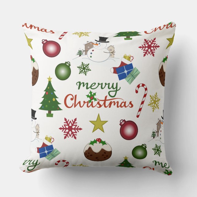 Christmas Illustration Mix Lg Pattern Throw Pillow (Front)