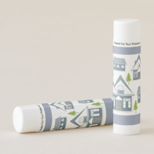 Christmas illustration winter houses trees gray wh lip balm