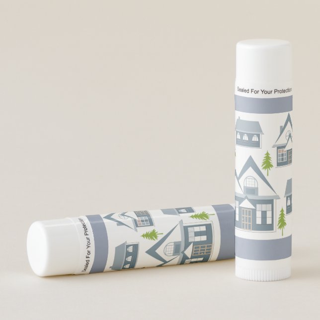 Christmas illustration winter houses trees gray wh lip balm (Front)