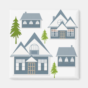 Christmas illustration winter houses trees gray wh magnet