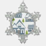 Christmas illustration winter houses trees gray wh snowflake pewter christmas ornament