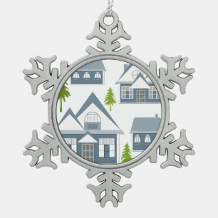Christmas illustration winter houses trees gray wh snowflake pewter christmas ornament