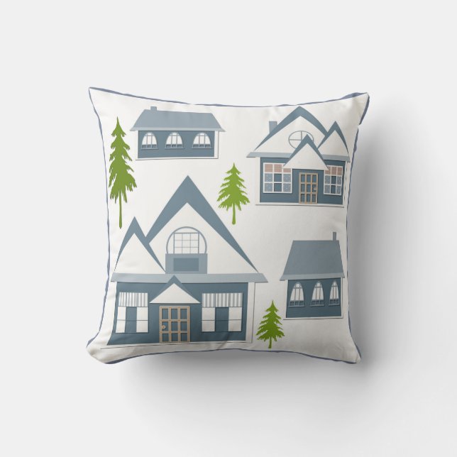 Christmas illustration winter houses trees gray wh throw pillow (Front)