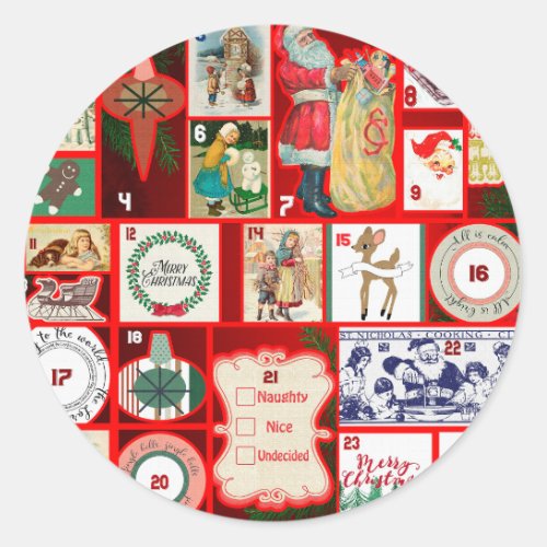 Christmas illustrations Vintage Holiday Fun Classic Round Sticker