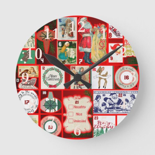 Christmas illustrations Vintage Holiday Fun Round Clock