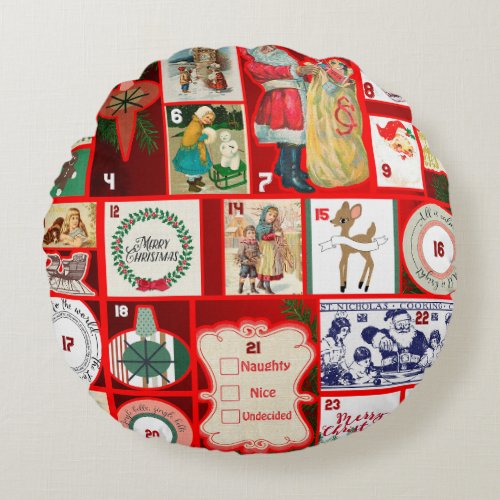 Christmas illustrations Vintage Holiday Fun Round Pillow