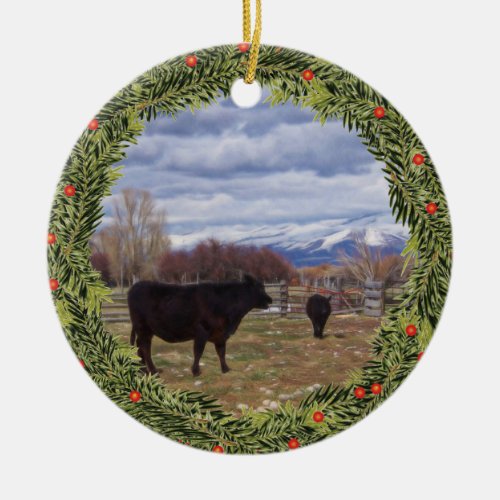 Christmas Impressionist Cattle on the Ranch Ceramic Ornament