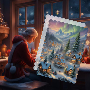 Christmas in a mountain village, polar lights card