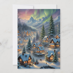 Christmas in a mountain village, polar lights invitation