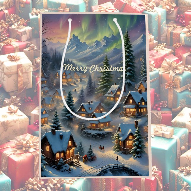 Christmas in a mountain village, polar lights  medium gift bag (Creator Uploaded)