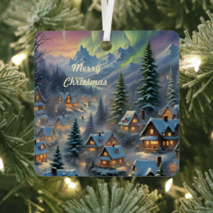 Christmas in a mountain village, polar lights metal ornament