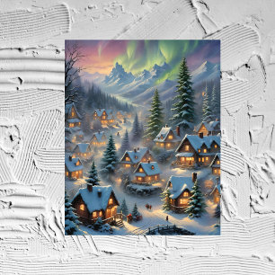 Christmas in a mountain village, polar lights photo print