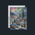 Christmas in a mountain village, polar lights  postcard<br><div class="desc">This Christmas card shows a snow-covered village with brightly lit houses in the mountains,  surrounded by tall fir trees,  polar lights shining in the sky. Send Christmas greetings to your friends and family. Custom text and back.</div>