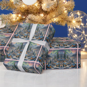 Christmas in a mountain village, polar lights wrapping paper