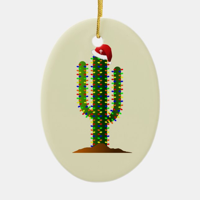 Christmas in Arizona Saguaro Cactus Lights Ceramic Ornament (Front)