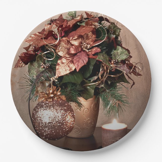 Christmas in Beige, Brown and Bronze Paper Plates (Front)