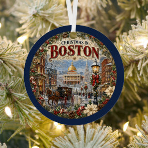 Christmas in Boston Vintage Travel Keepsake Metal Ornament