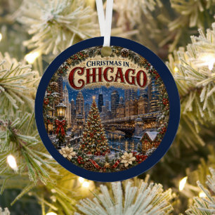 Christmas in Chicago Vintage Travel Keepsake Metal Ornament