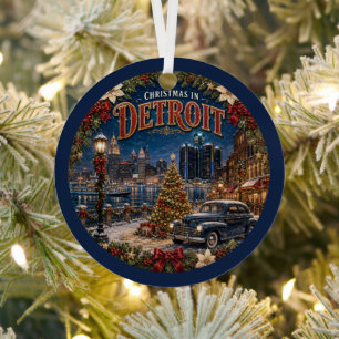 Christmas in Detroit Vintage Travel Keepsake Metal Ornament