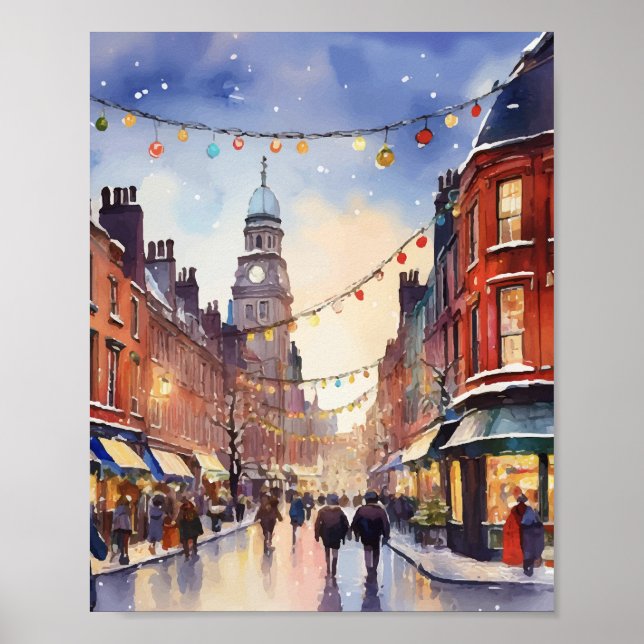 Christmas in Dublin Ireland Watercolor Poster (Front)