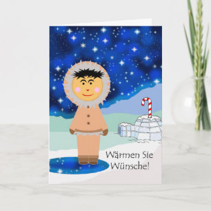 Christmas in German, Eskimo, Igloo, Candy Cane Holiday Card