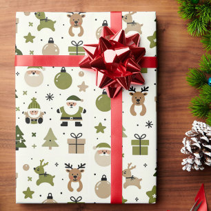 Christmas In Green Cute Santa Gifts Reindeer Wrapping Paper