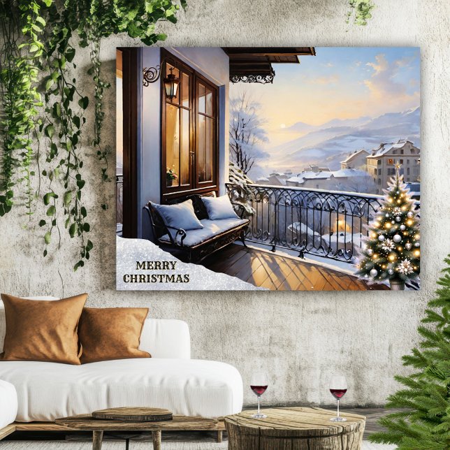 Christmas in Italy Balcony Scene Acrylic Print (Painting featuring an Italian Christmas scene with a snow covered mountain landscape)
