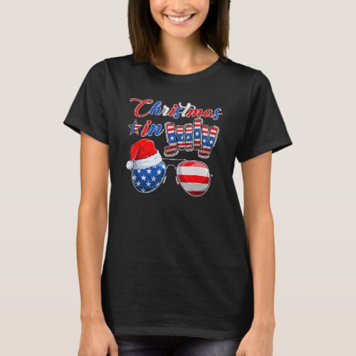 Christmas In July American Flag Santa Hat Sunglass T_Shirt