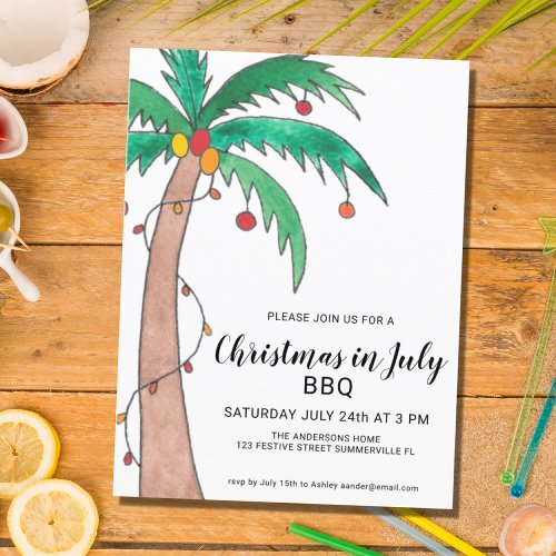 Christmas In July BBQ Palm Invitation Postcard