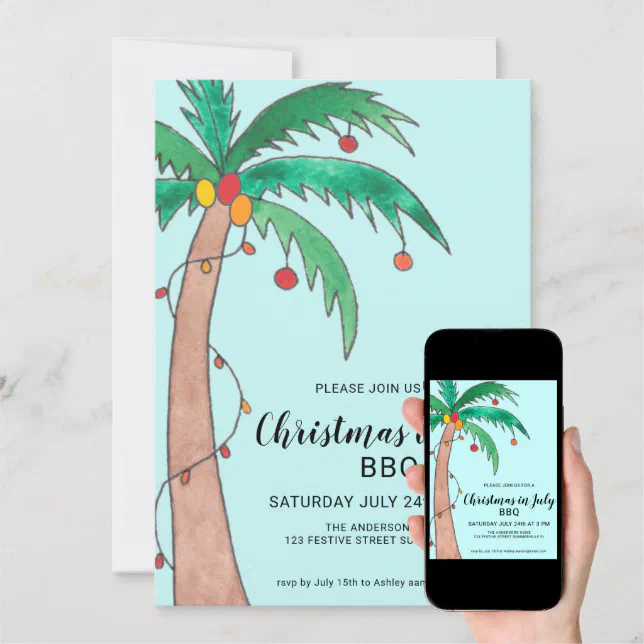 Christmas In July BBQ Palm Tree Invitation Zazzle