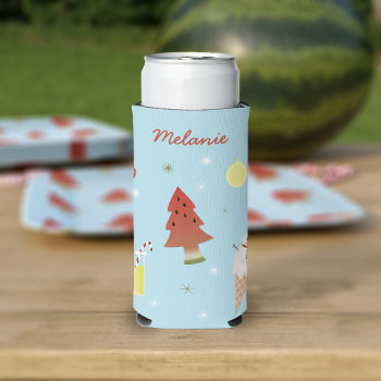 Christmas In July Bbq Summer Party Personalized Seltzer Can Cooler by watermelontree at Zazzle