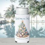 Christmas In July Beach Seltzer Can Cooler<br><div class="desc">Celebrate the season with this festive and beachy can cooler sleeve, perfect for a Christmas in July gathering. The design features a whimsical Christmas tree made of beach shells, starfish, and coral, now centered on the sleeve to create a balanced and eye-catching look. The soft teal blue and tan color...</div>
