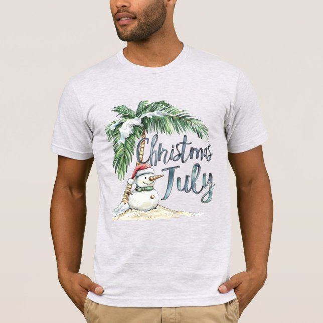 Christmas in July Beach Snowman & Palm Tree T-Shirt (Front)