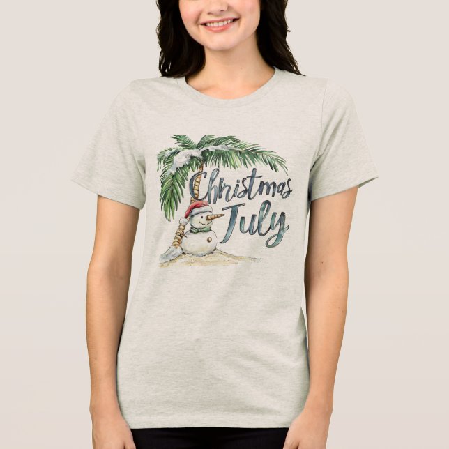 Christmas in July Beach Snowman & Palm Tree Tri-Blend Shirt (Front)