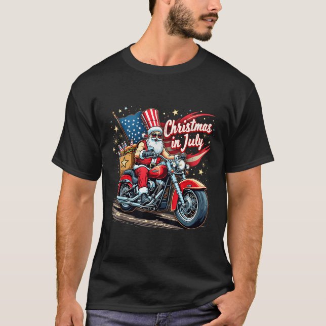 Christmas In July Biker Santa American Funny Summe T-Shirt (Front)
